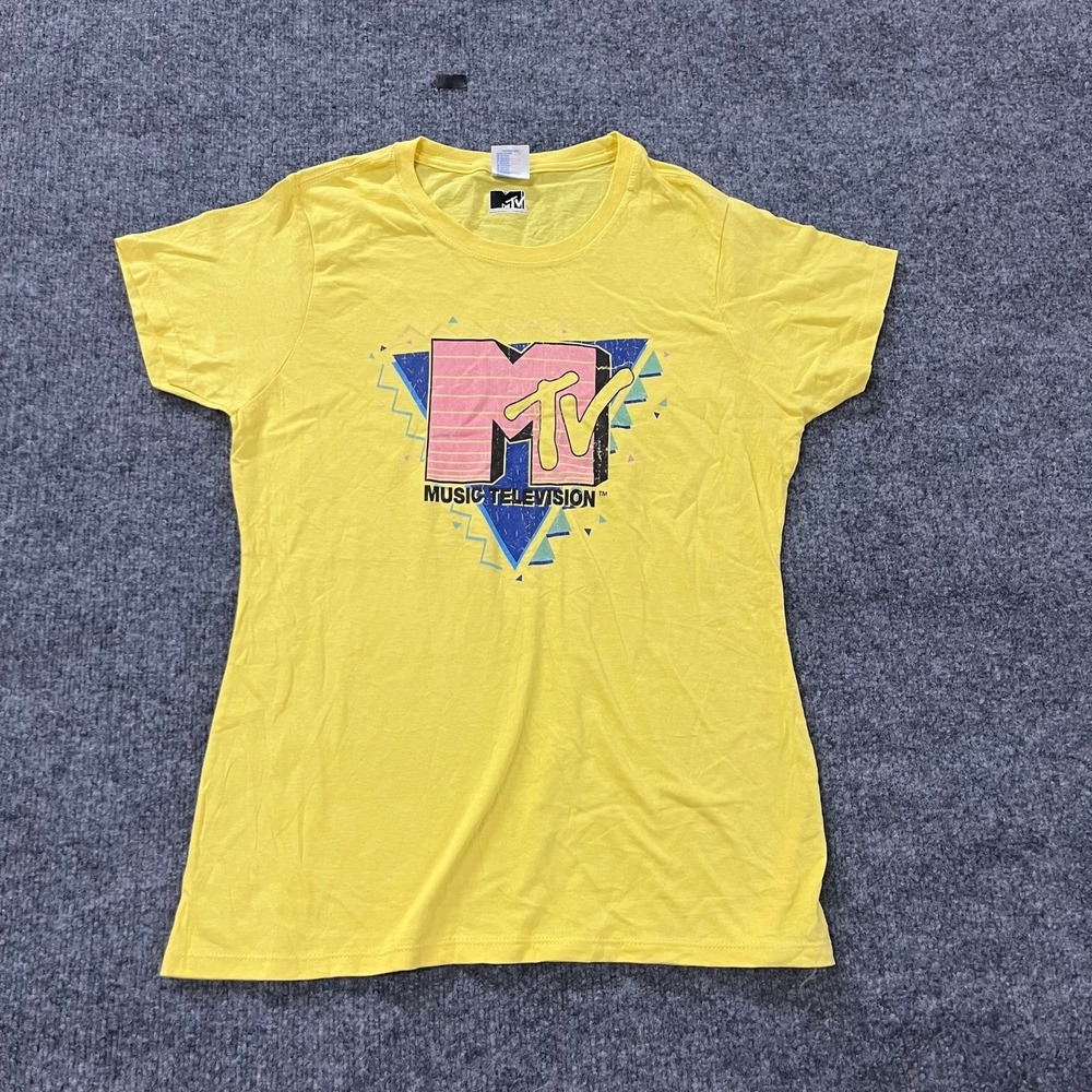 MTV T-Shirt Womens Size M Yellow Retro Graphic Music Television Logo Cotton Tee
